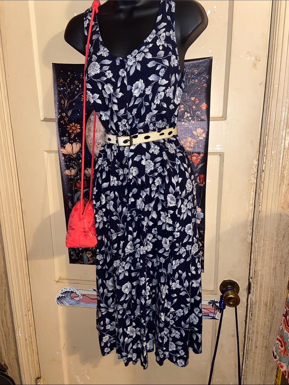 VTG FLORAL BUTTON DOWN DRESS Black/Blue Gray & White Below the Knee FASHION BUG